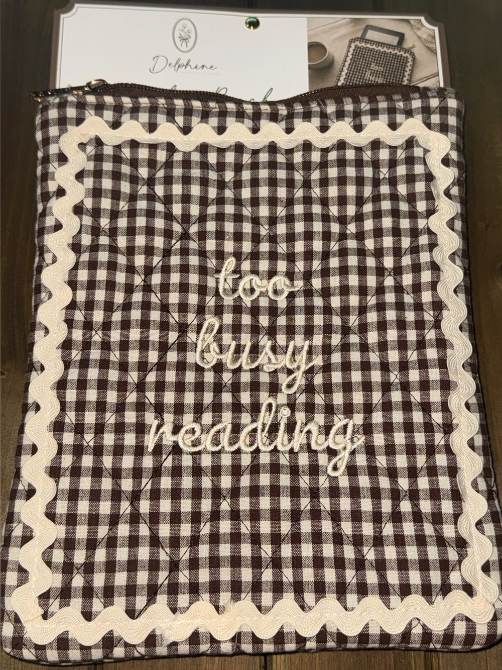 E Reader Pouch Kindle Sleeve Too Busy Reading Gingham Brown